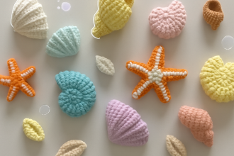 crocheted pastel seashell amigurumi flat lay
